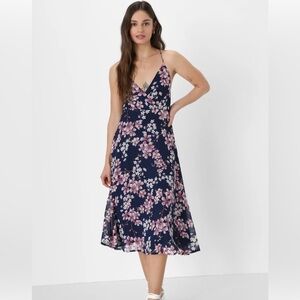 Navy blue floral print lace-up midi skater dress